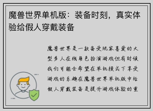 魔兽世界单机版：装备时刻，真实体验给假人穿戴装备